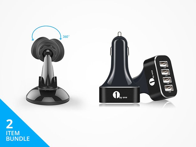 1byone Car Mount & 4-Port Smart Charger Bundle